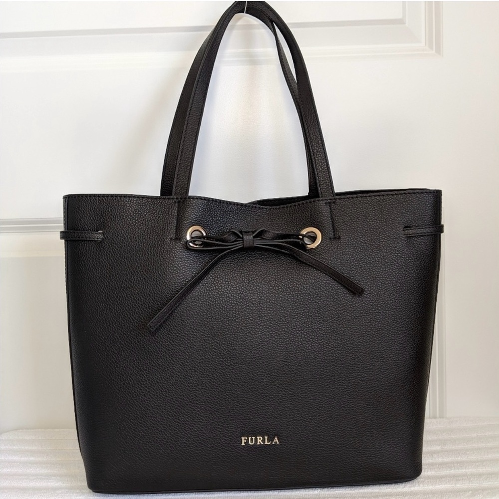 Furla Drawstring Black Pebbled Leather Tote